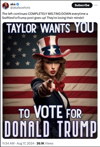 One of the artificially generated images of Taylor Swift, depicted as Uncle Sam garnering support for Trump, that was posted on Truth Social. 