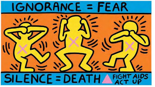 One of Keith Haring’s pop pieces depicting an aids-related message, a similar message would eventually lead to a court hearing.
